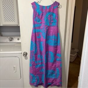 Otaheite Lahaina Vintage 60s 70s Hawaiian Maxi Dress Turquoise Purple Leaf Batik